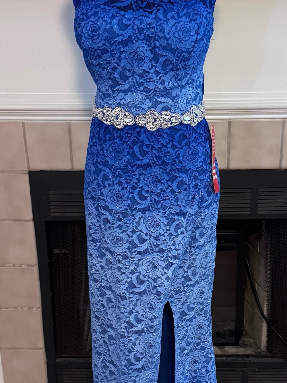 City Triangles Shimmering Blue Lace Party Gown with “Crystal” Accent Belt
